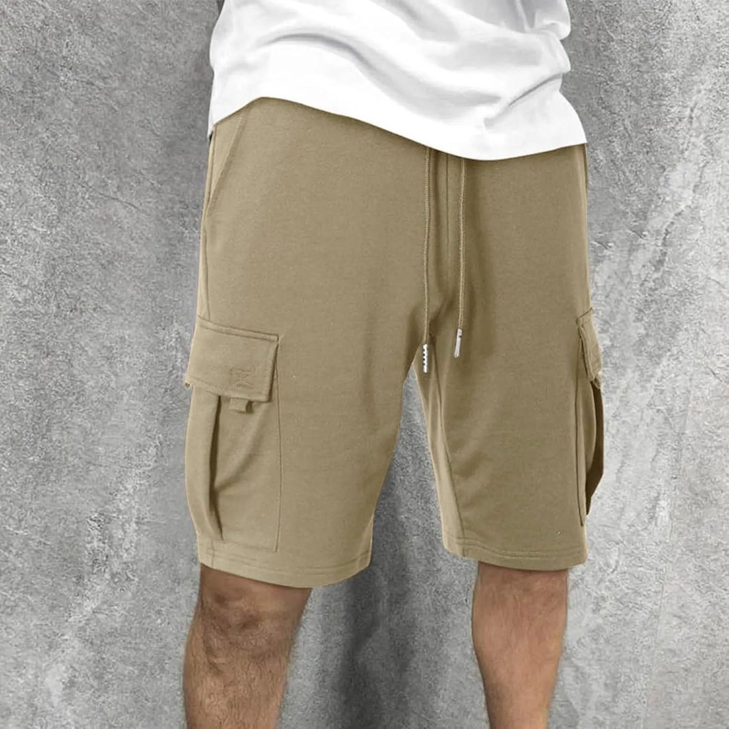 Mens Cargo Shorts Summer Cotton Knee Length Sweat Shorts Drawstring Stretch Waist Athletic Workout Gym Jogger Shorts