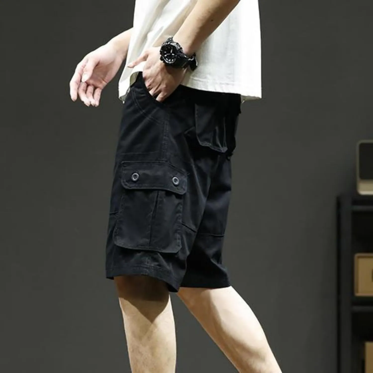 Mens Classic Cargo Shorts Casual Button Elastic Waist Workout Shorts Stretch Baggy Straight Leg Athletic Half Pants