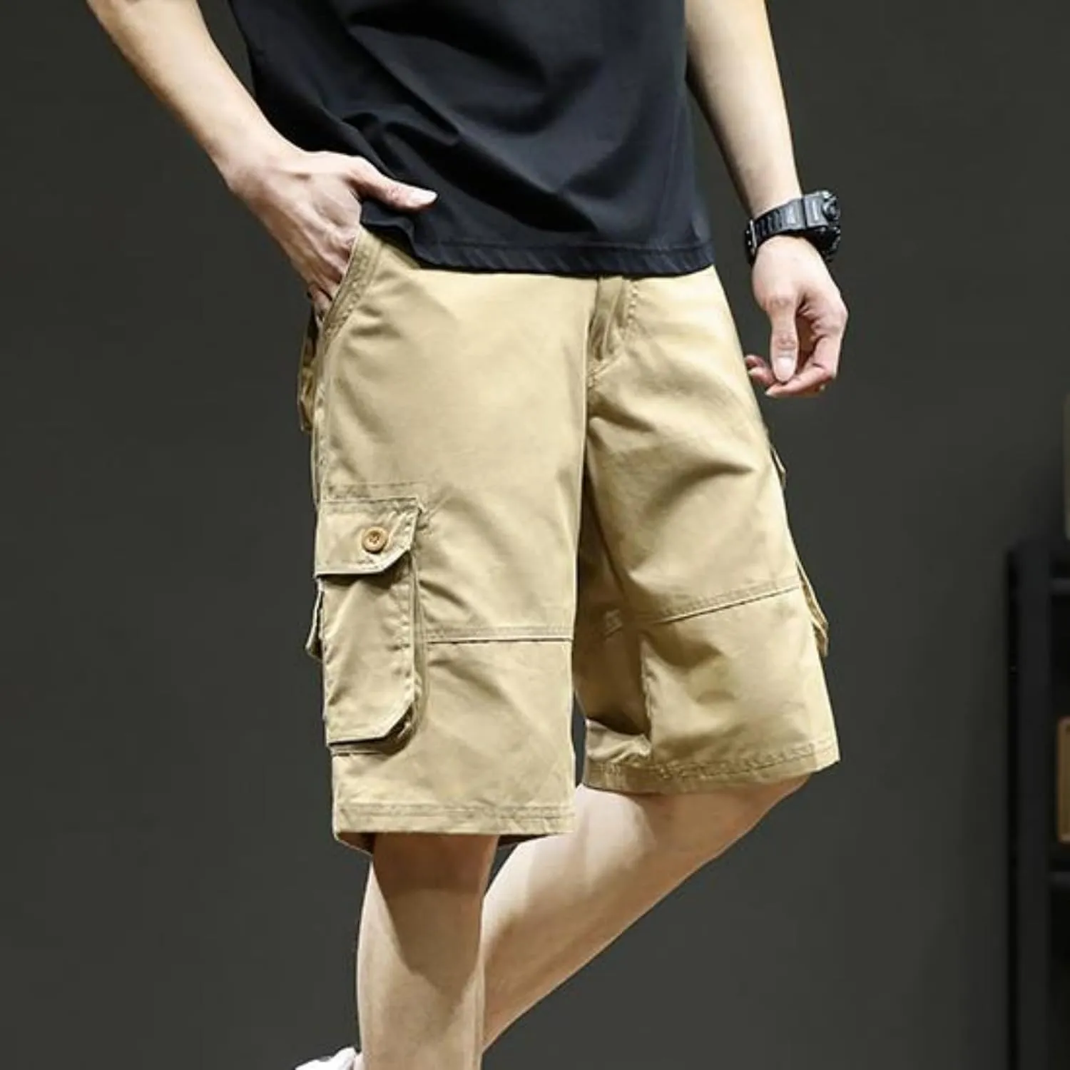Mens Classic Cargo Shorts Casual Button Elastic Waist Workout Shorts Stretch Baggy Straight Leg Athletic Half Pants