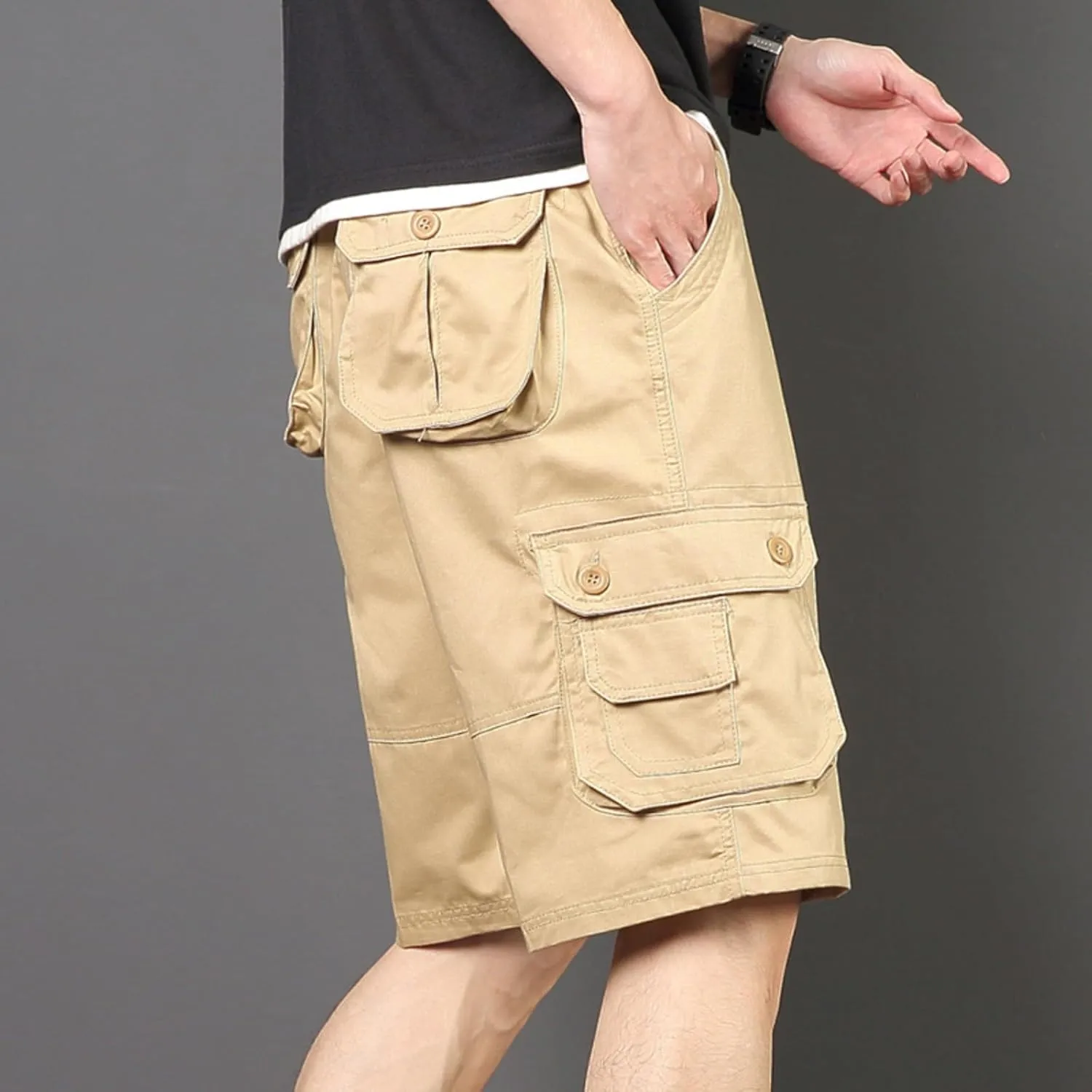 Mens Classic Cargo Shorts Casual Button Elastic Waist Workout Shorts Stretch Baggy Straight Leg Athletic Half Pants