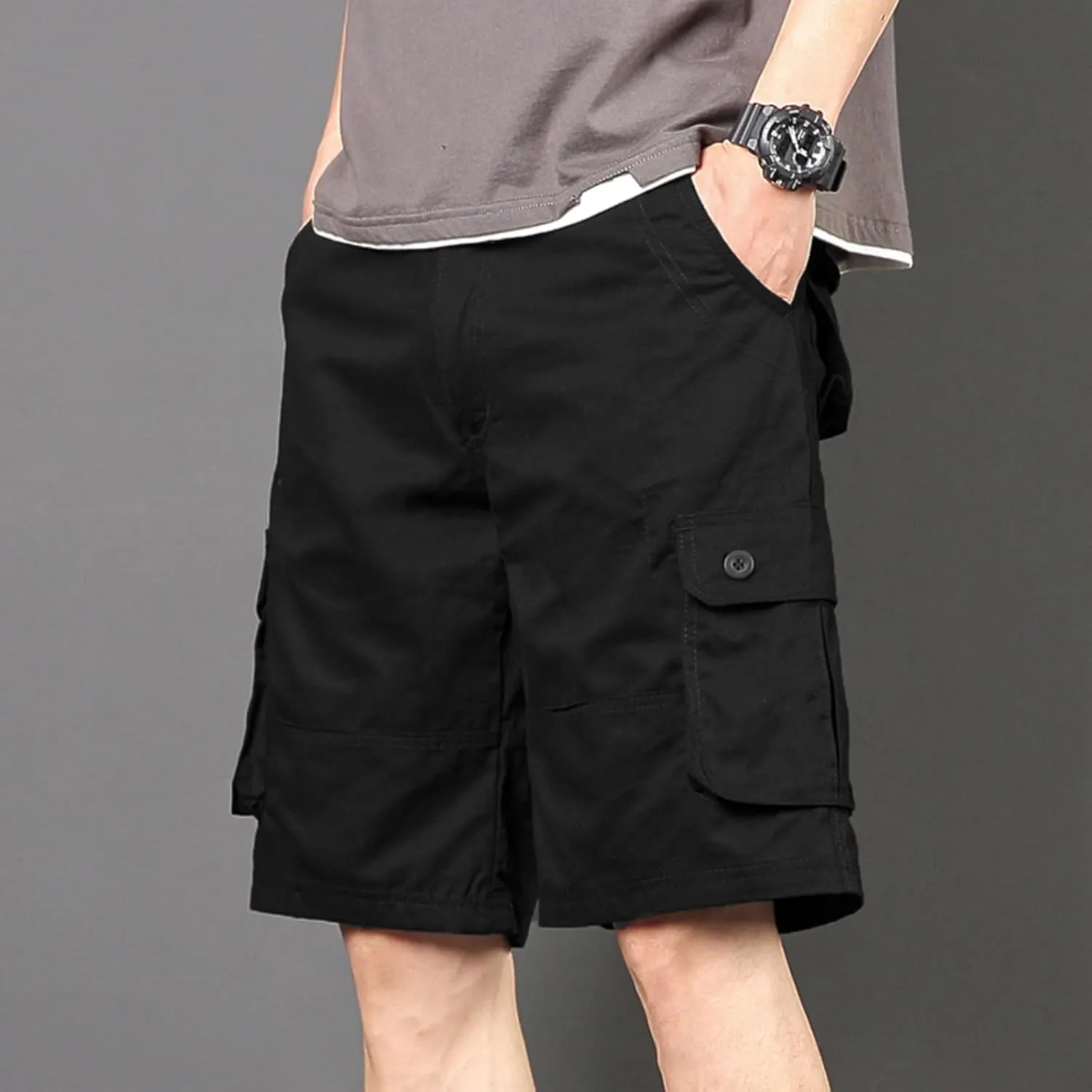 Mens Classic Cargo Shorts Casual Button Elastic Waist Workout Shorts Stretch Baggy Straight Leg Athletic Half Pants