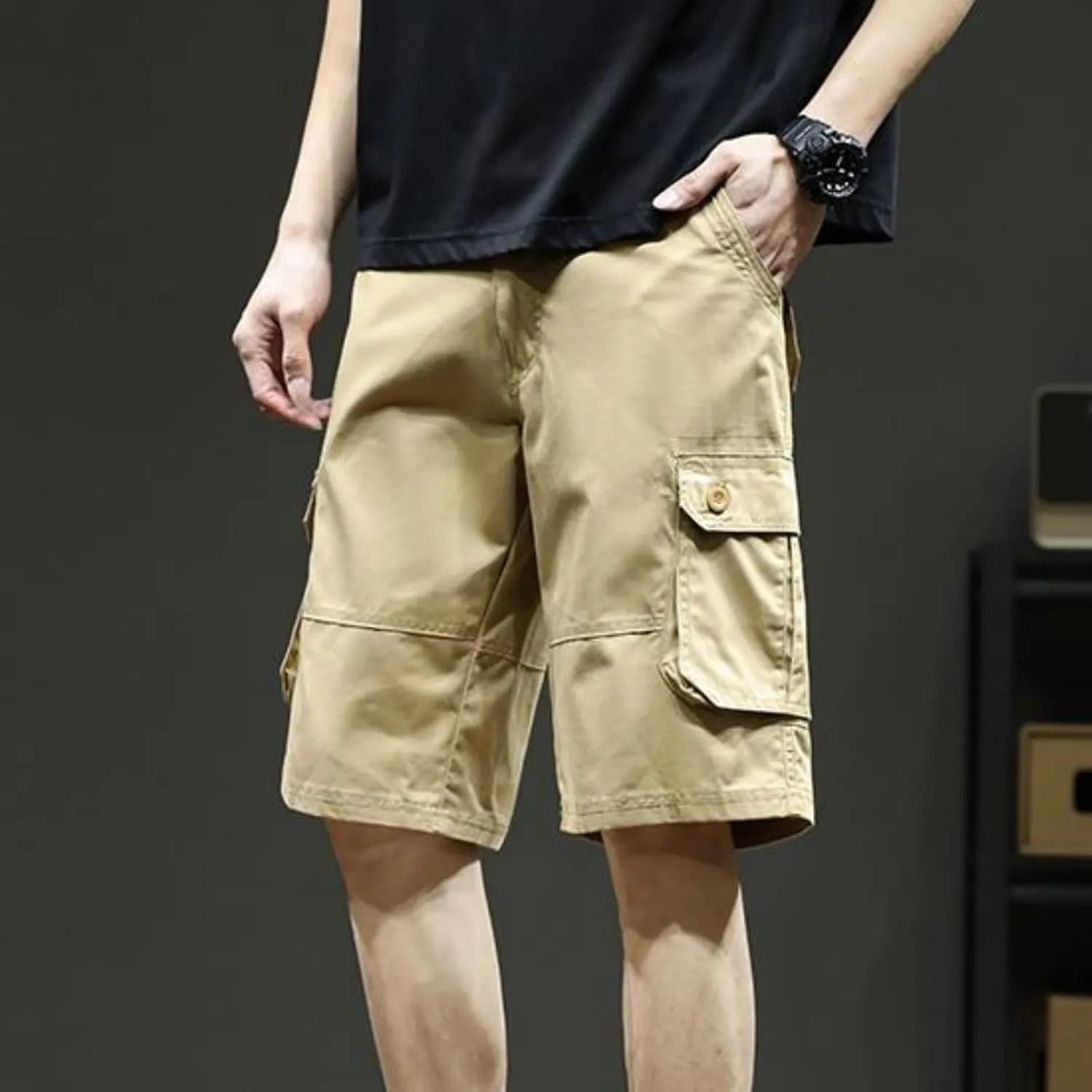 Mens Classic Cargo Shorts Casual Button Elastic Waist Workout Shorts Stretch Baggy Straight Leg Athletic Half Pants