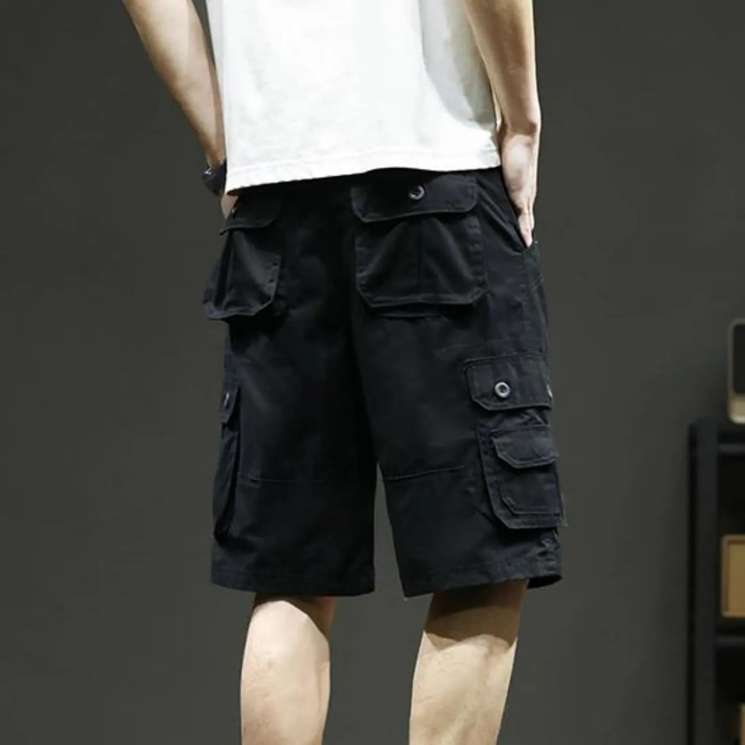 Mens Classic Cargo Shorts Casual Button Elastic Waist Workout Shorts Stretch Baggy Straight Leg Athletic Half Pants