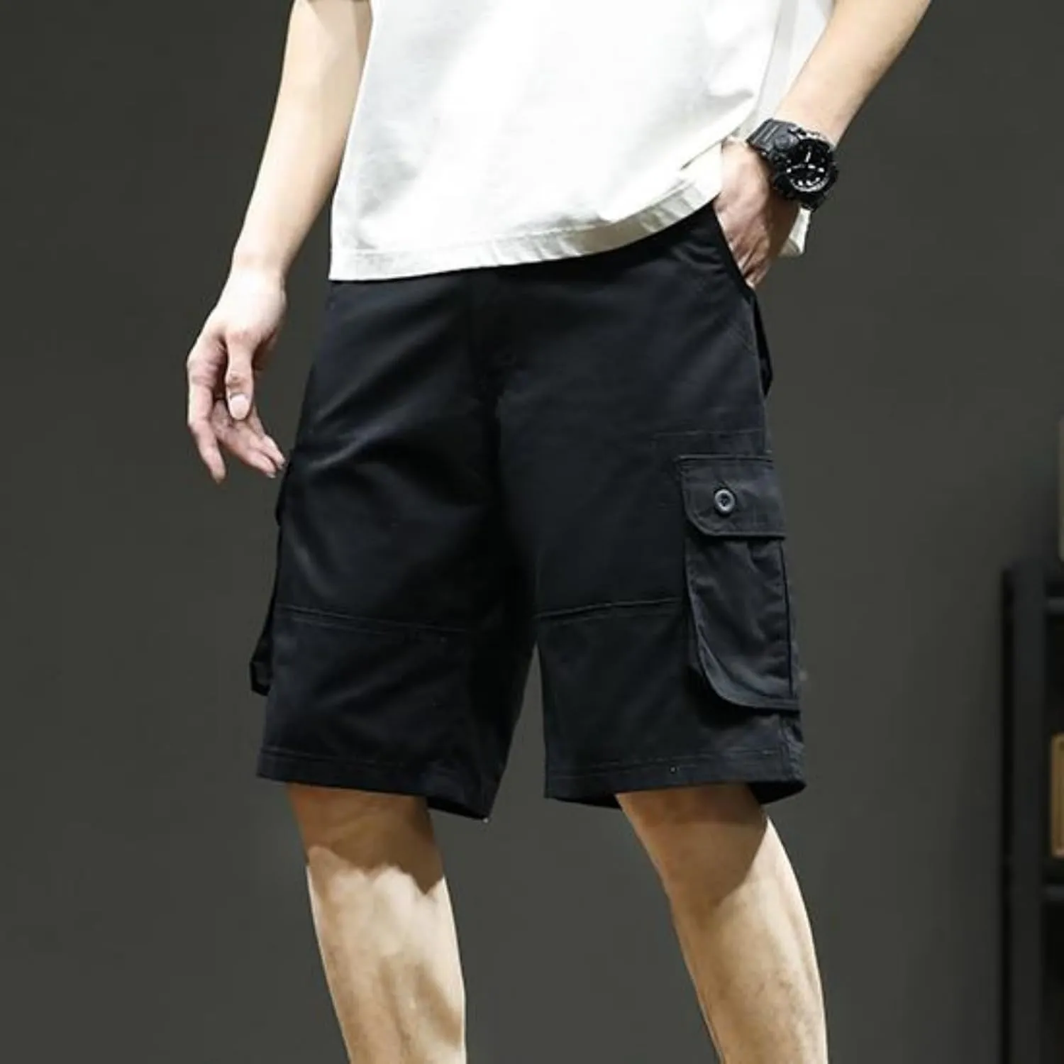 Mens Classic Cargo Shorts Casual Button Elastic Waist Workout Shorts Stretch Baggy Straight Leg Athletic Half Pants