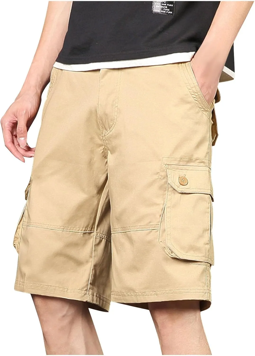 Mens Classic Cargo Shorts Casual Button Elastic Waist Workout Shorts Stretch Baggy Straight Leg Athletic Half Pants
