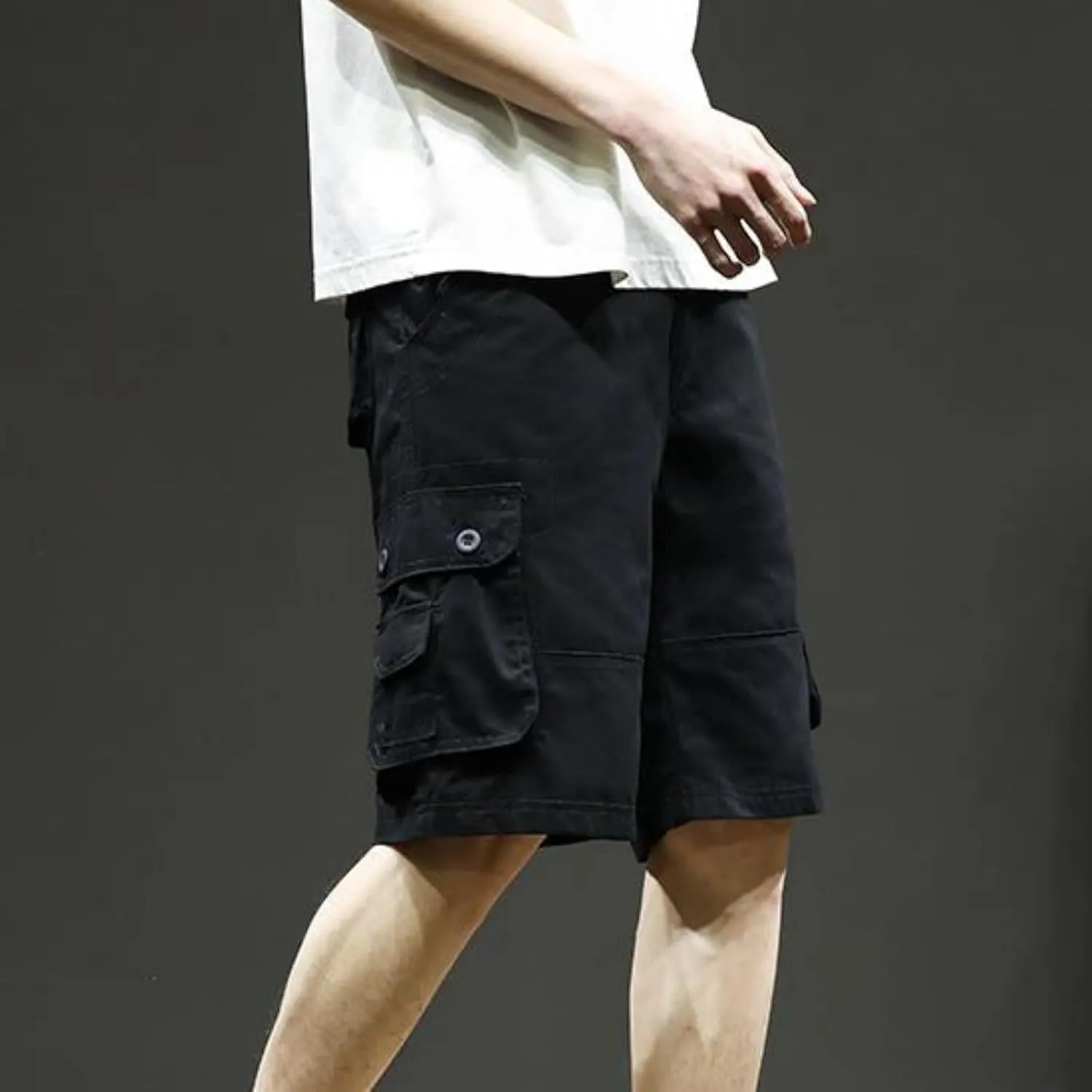 Mens Classic Cargo Shorts Casual Button Elastic Waist Workout Shorts Stretch Baggy Straight Leg Athletic Half Pants