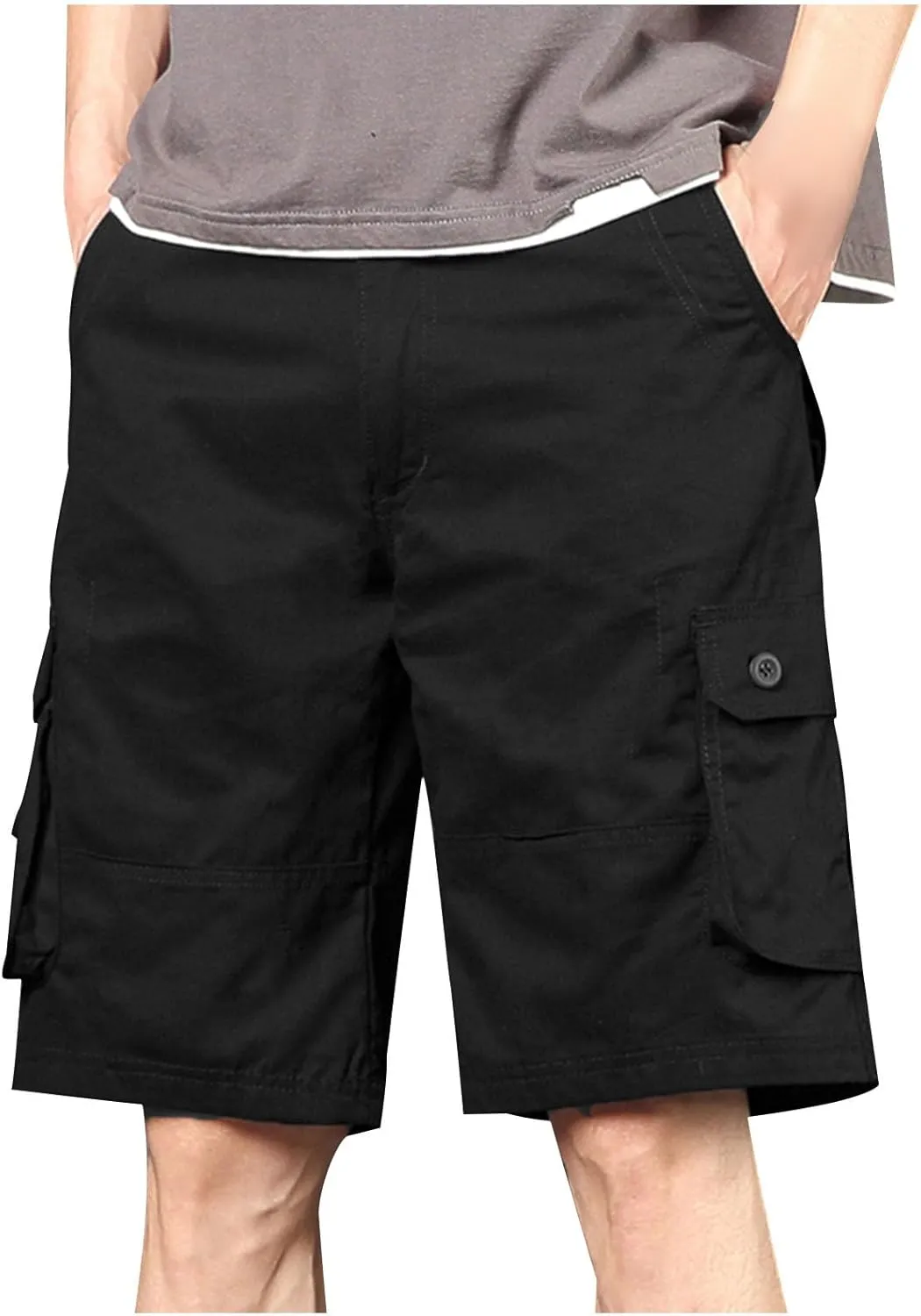 Mens Classic Cargo Shorts Casual Button Elastic Waist Workout Shorts Stretch Baggy Straight Leg Athletic Half Pants