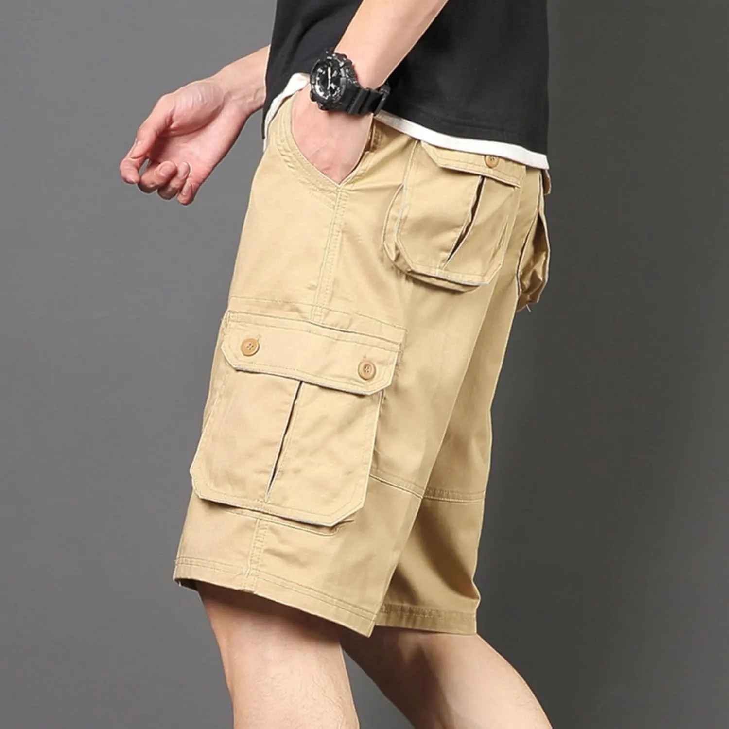 Mens Classic Cargo Shorts Casual Button Elastic Waist Workout Shorts Stretch Baggy Straight Leg Athletic Half Pants