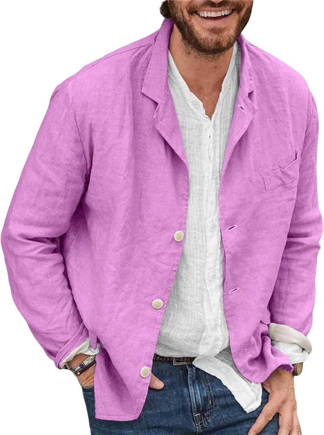 Men's Cotton Linen Blazers Casual Button Down Lightweight Jackets Relaxed Fit Lapel Collar Shirts Trendy Sport Coats