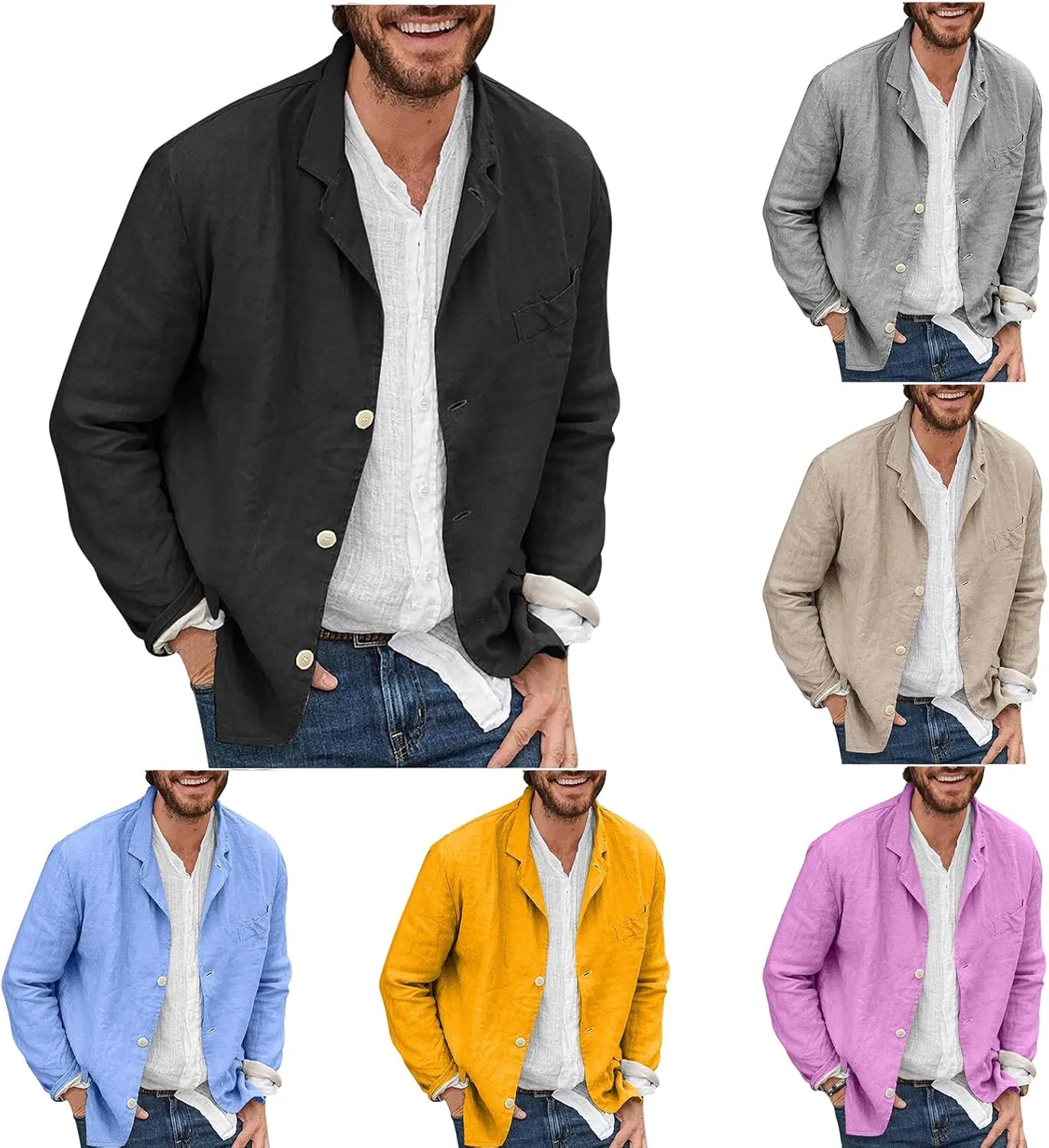 Men's Cotton Linen Blazers Casual Button Down Lightweight Jackets Relaxed Fit Lapel Collar Shirts Trendy Sport Coats