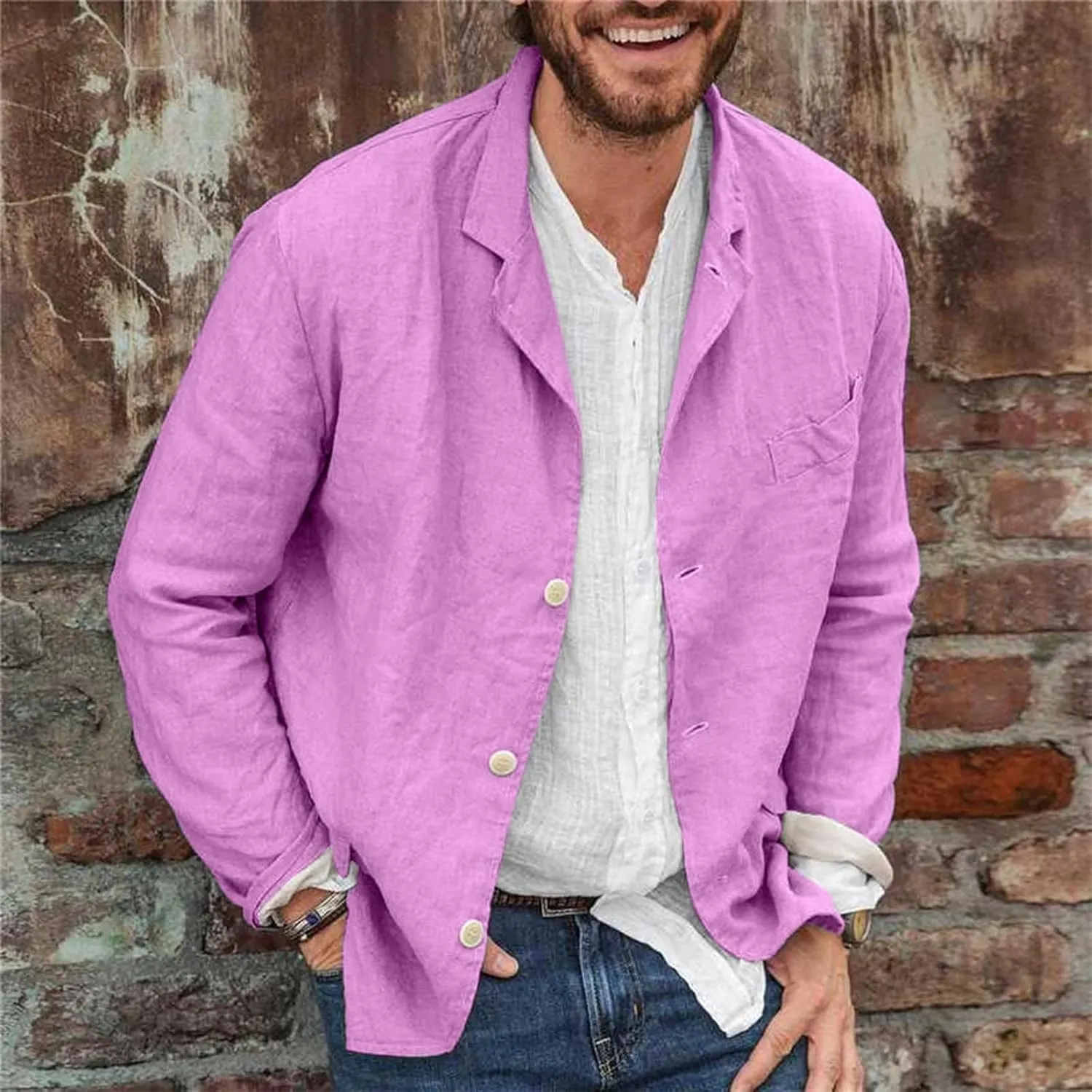Men's Cotton Linen Blazers Casual Button Down Lightweight Jackets Relaxed Fit Lapel Collar Shirts Trendy Sport Coats