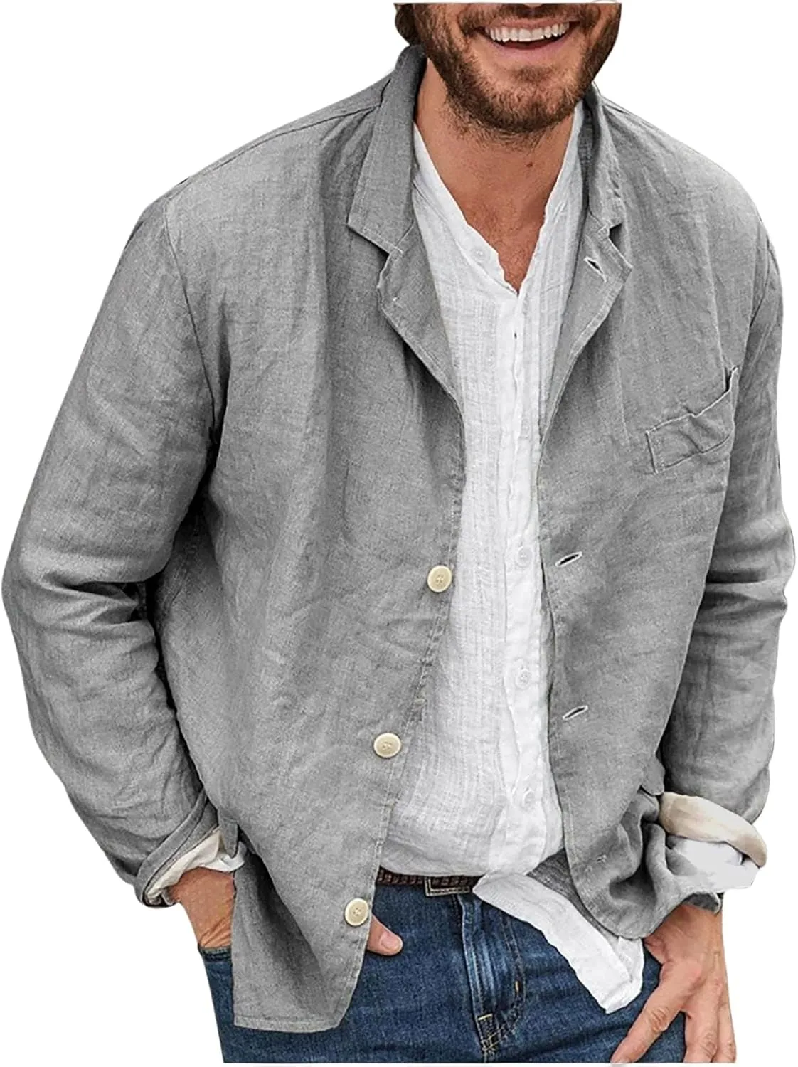 Men's Cotton Linen Blazers Casual Button Down Lightweight Jackets Relaxed Fit Lapel Collar Shirts Trendy Sport Coats