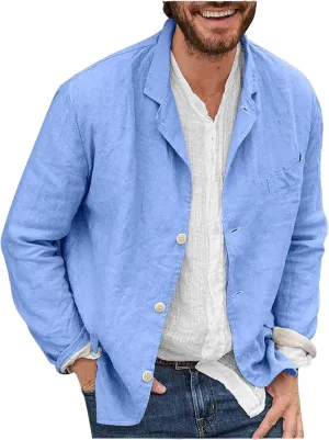 Men's Cotton Linen Blazers Casual Button Down Lightweight Jackets Relaxed Fit Lapel Collar Shirts Trendy Sport Coats
