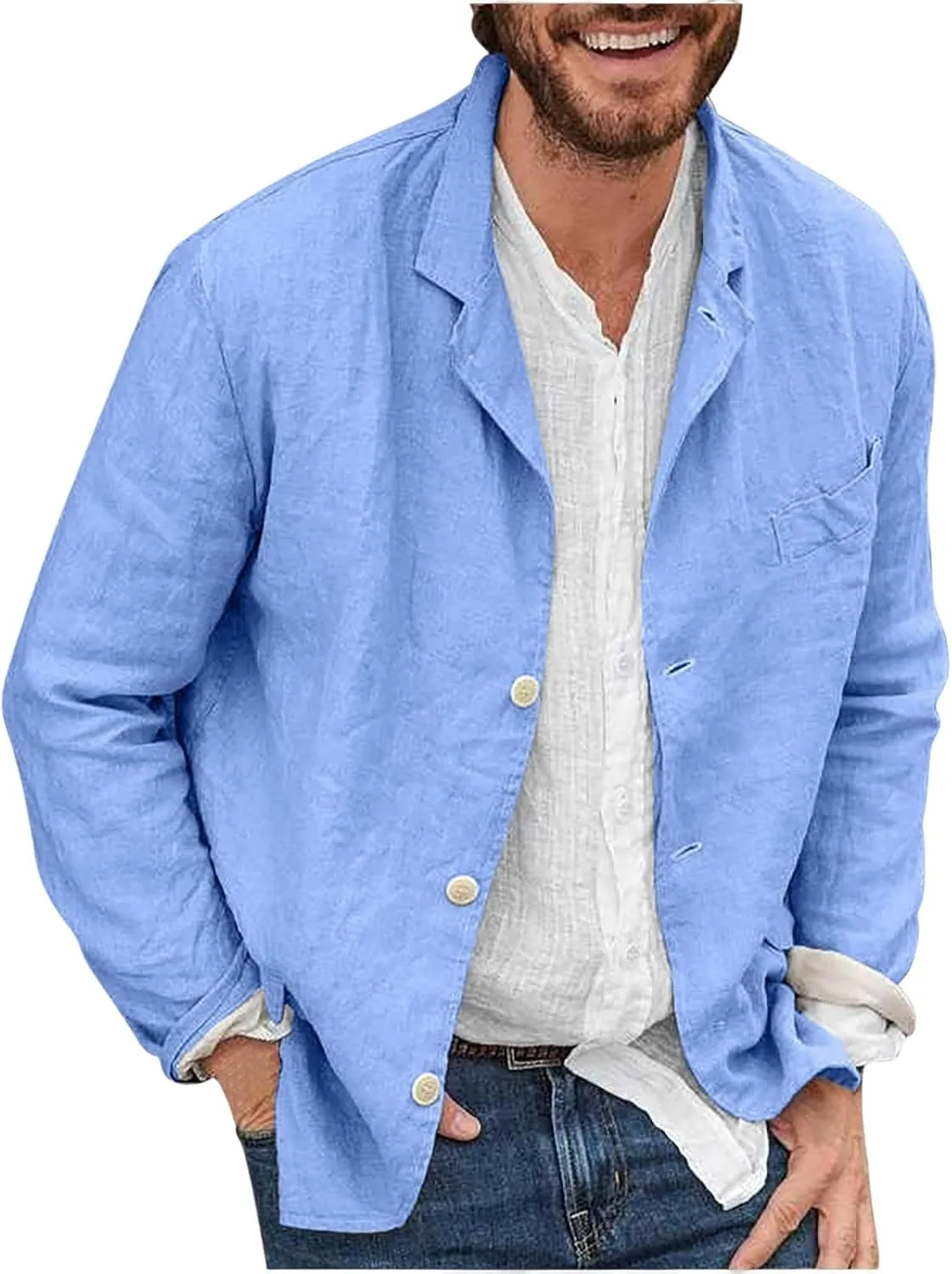 Men's Cotton Linen Blazers Casual Button Down Lightweight Jackets Relaxed Fit Lapel Collar Shirts Trendy Sport Coats