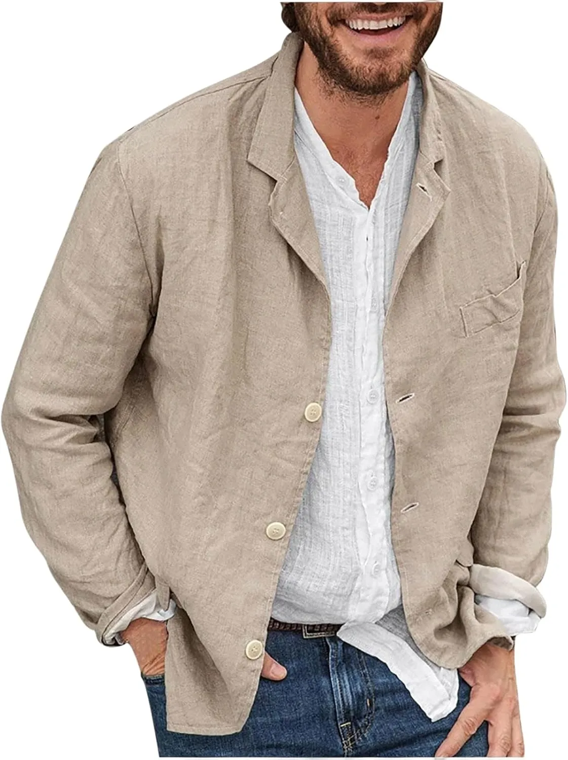 Men's Cotton Linen Blazers Casual Button Down Lightweight Jackets Relaxed Fit Lapel Collar Shirts Trendy Sport Coats