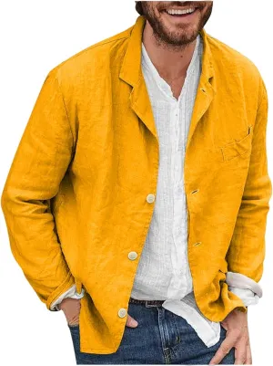 Men's Cotton Linen Blazers Casual Button Down Lightweight Jackets Relaxed Fit Lapel Collar Shirts Trendy Sport Coats