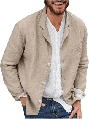 Men's Cotton Linen Blazers Casual Button Down Lightweight Jackets Relaxed Fit Lapel Collar Shirts Trendy Sport Coats