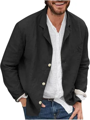 Men's Cotton Linen Blazers Casual Button Down Lightweight Jackets Relaxed Fit Lapel Collar Shirts Trendy Sport Coats