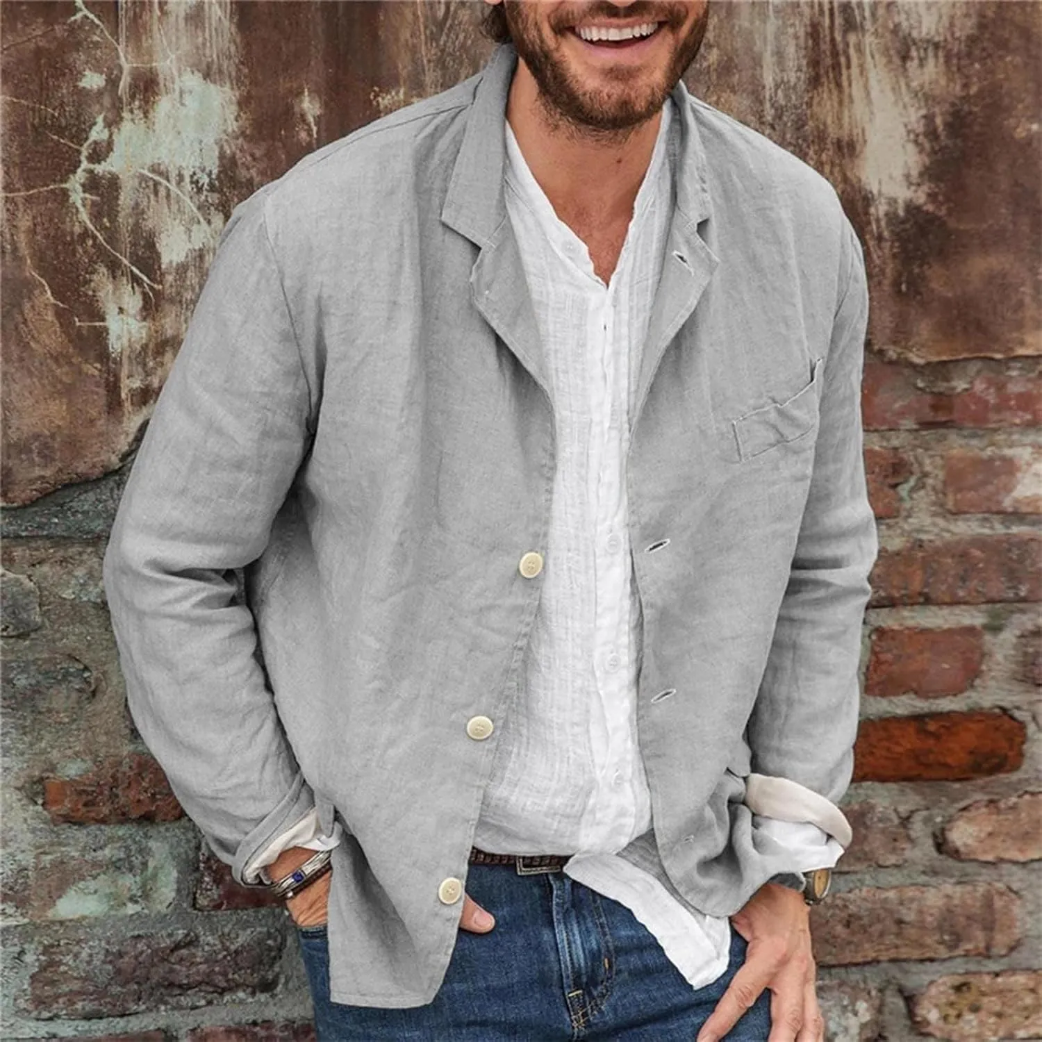 Men's Cotton Linen Blazers Casual Button Down Lightweight Jackets Relaxed Fit Lapel Collar Shirts Trendy Sport Coats