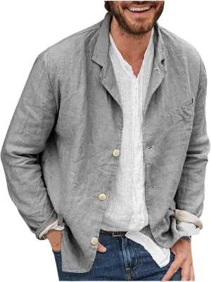 Men's Cotton Linen Blazers Casual Button Down Lightweight Jackets Relaxed Fit Lapel Collar Shirts Trendy Sport Coats