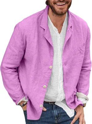Men's Cotton Linen Blazers Casual Button Down Lightweight Jackets Relaxed Fit Lapel Collar Shirts Trendy Sport Coats