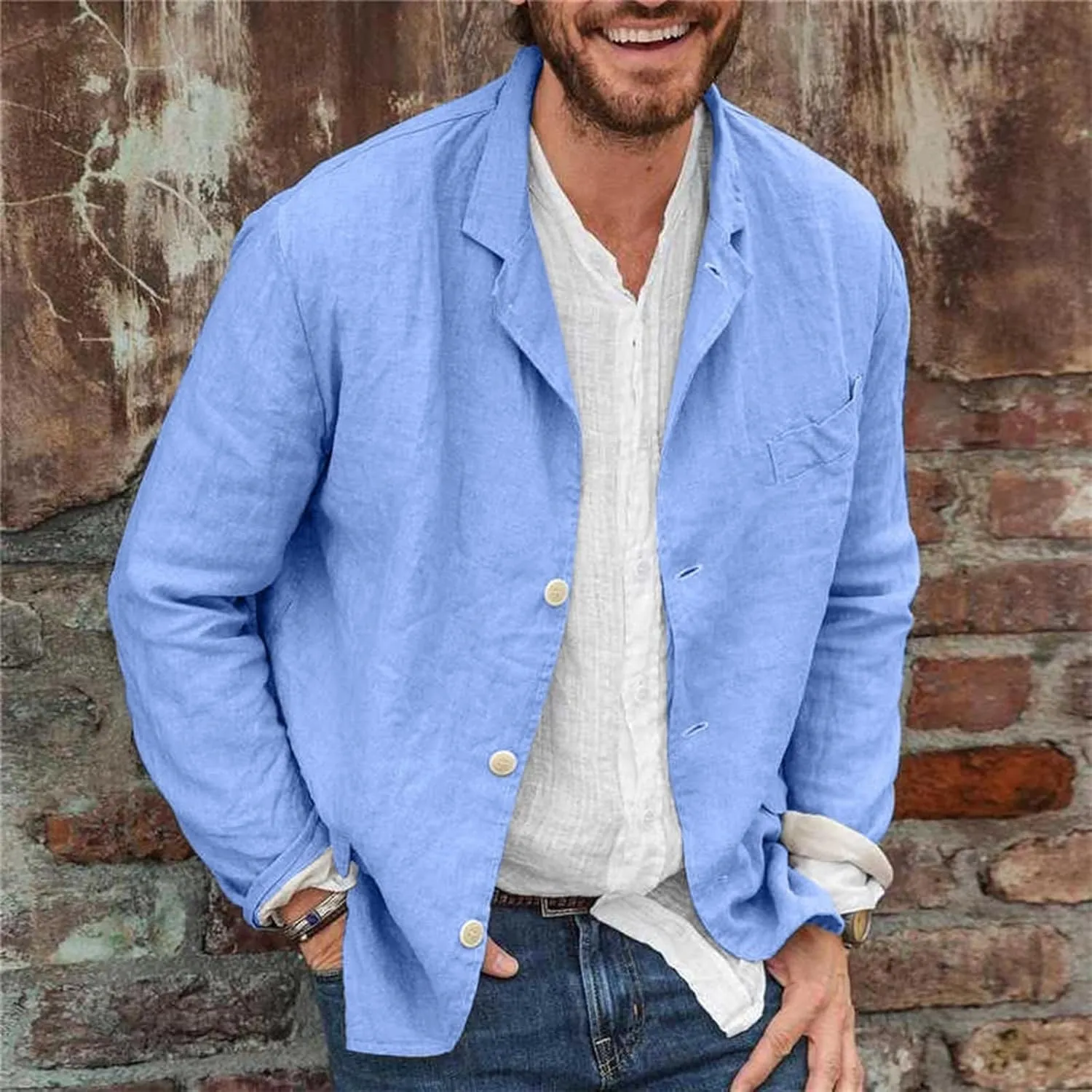 Men's Cotton Linen Blazers Casual Button Down Lightweight Jackets Relaxed Fit Lapel Collar Shirts Trendy Sport Coats