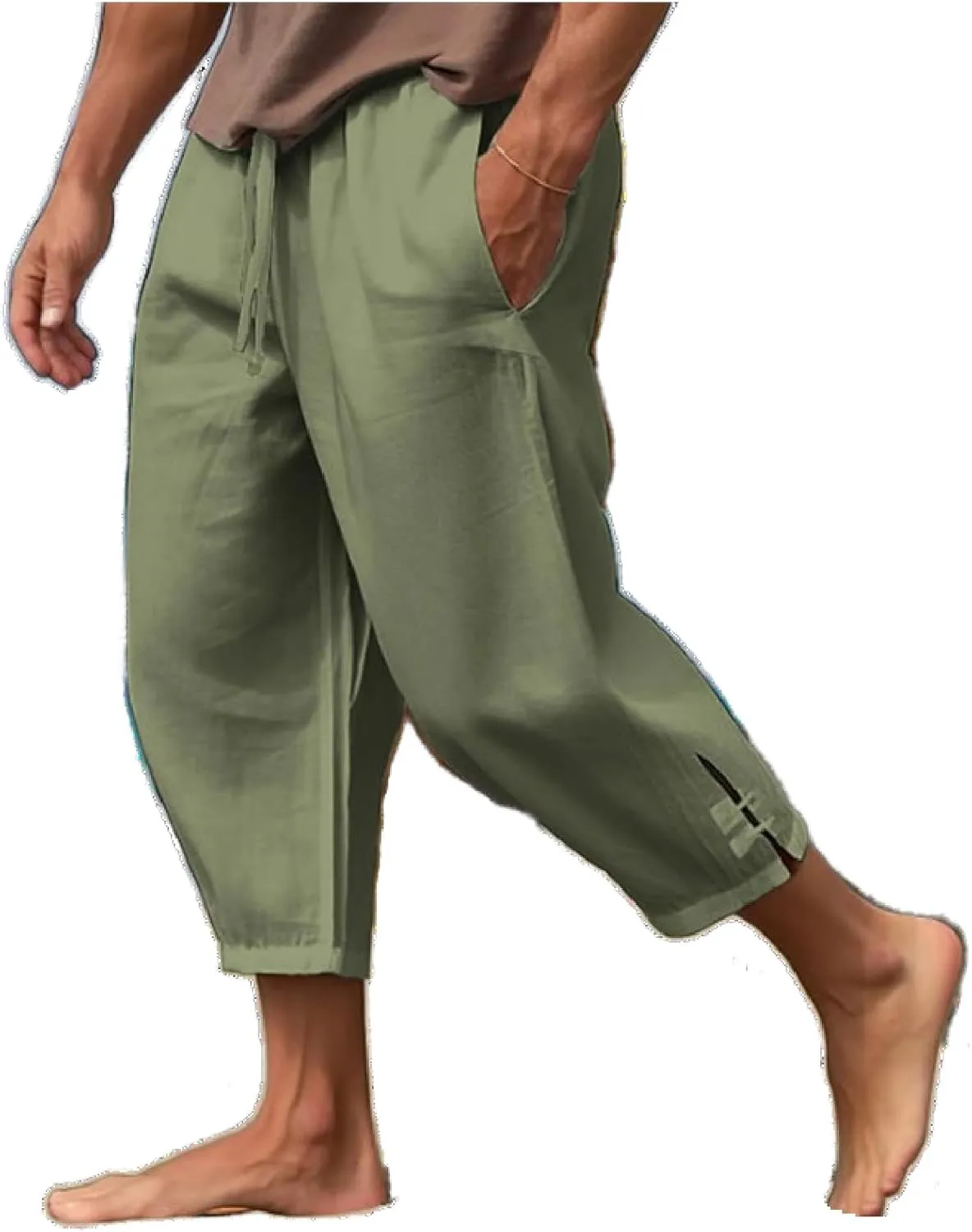 Mens Cotton Linen Pants Casual Drawstring Elastic Waist Yoga Pants Summer Beach Loose Trousers