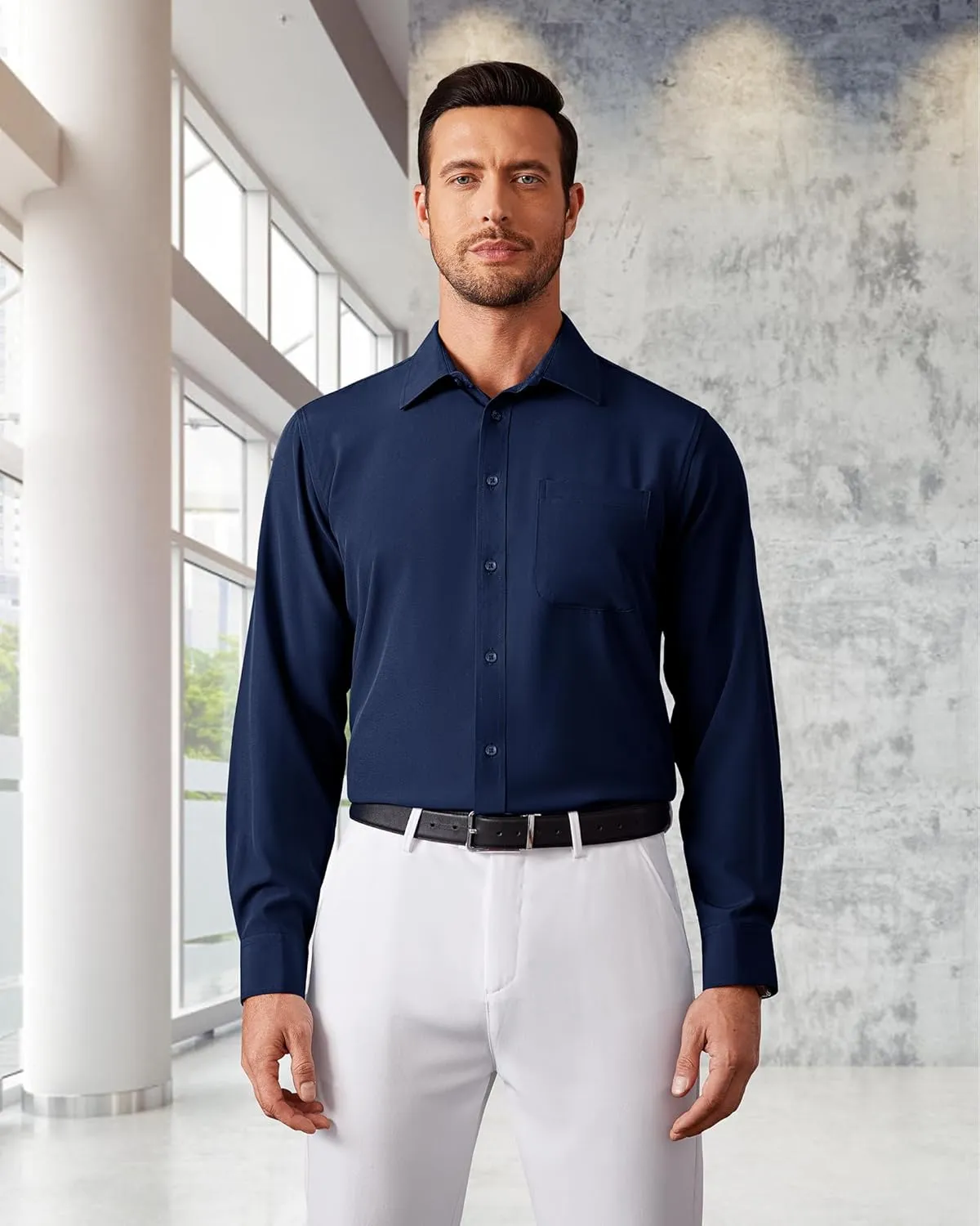 Men's Dress Shirts Long Sleeve Stretch Regular Fit Casual Formal Wedding Wrinkle Free Button Down Shirt with Pocket