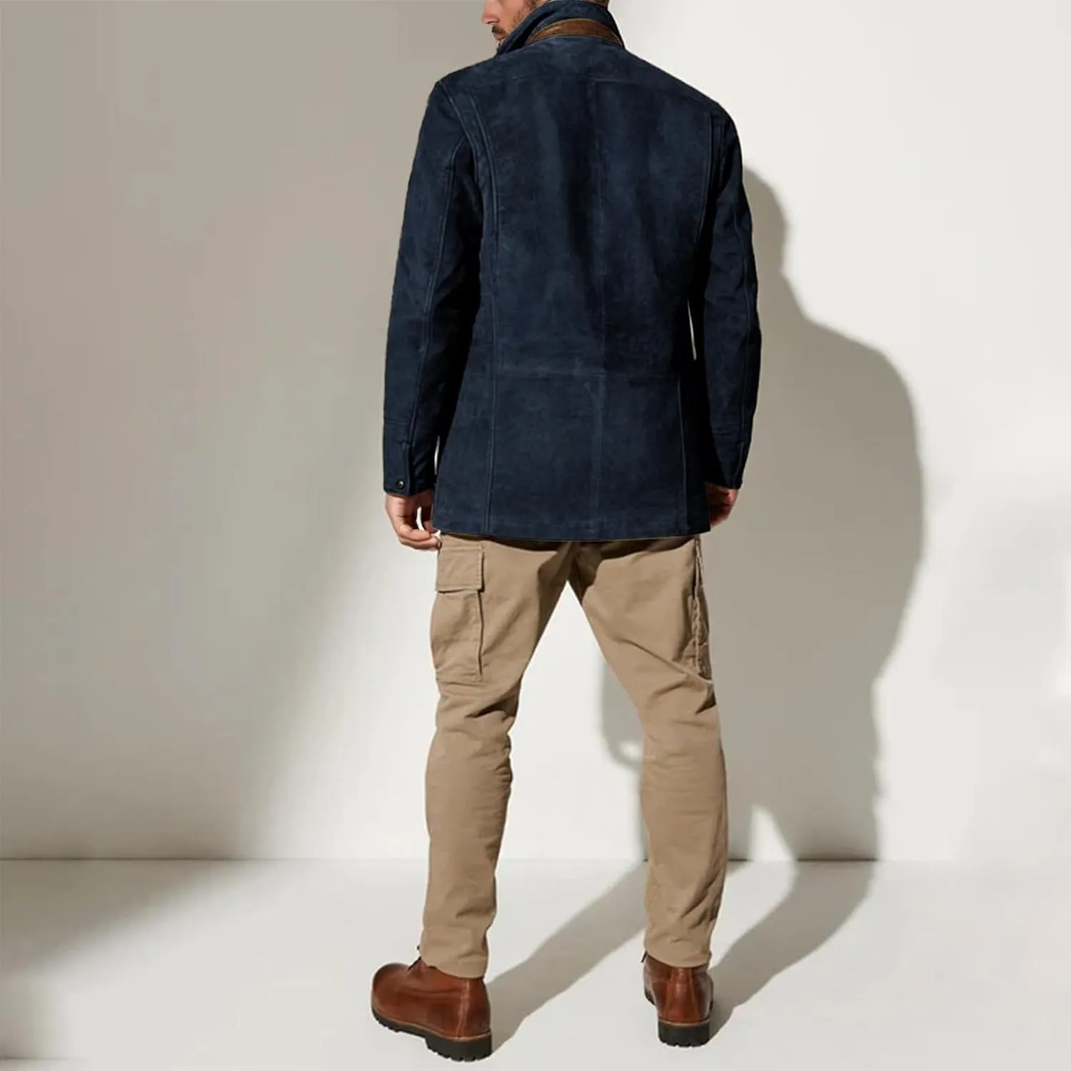 Mens Faux Suede Blazer Leather Suit Jacket Distressed Notch Lapel Buttons Sport Coat Zip Vintage Work Wear with Pockets