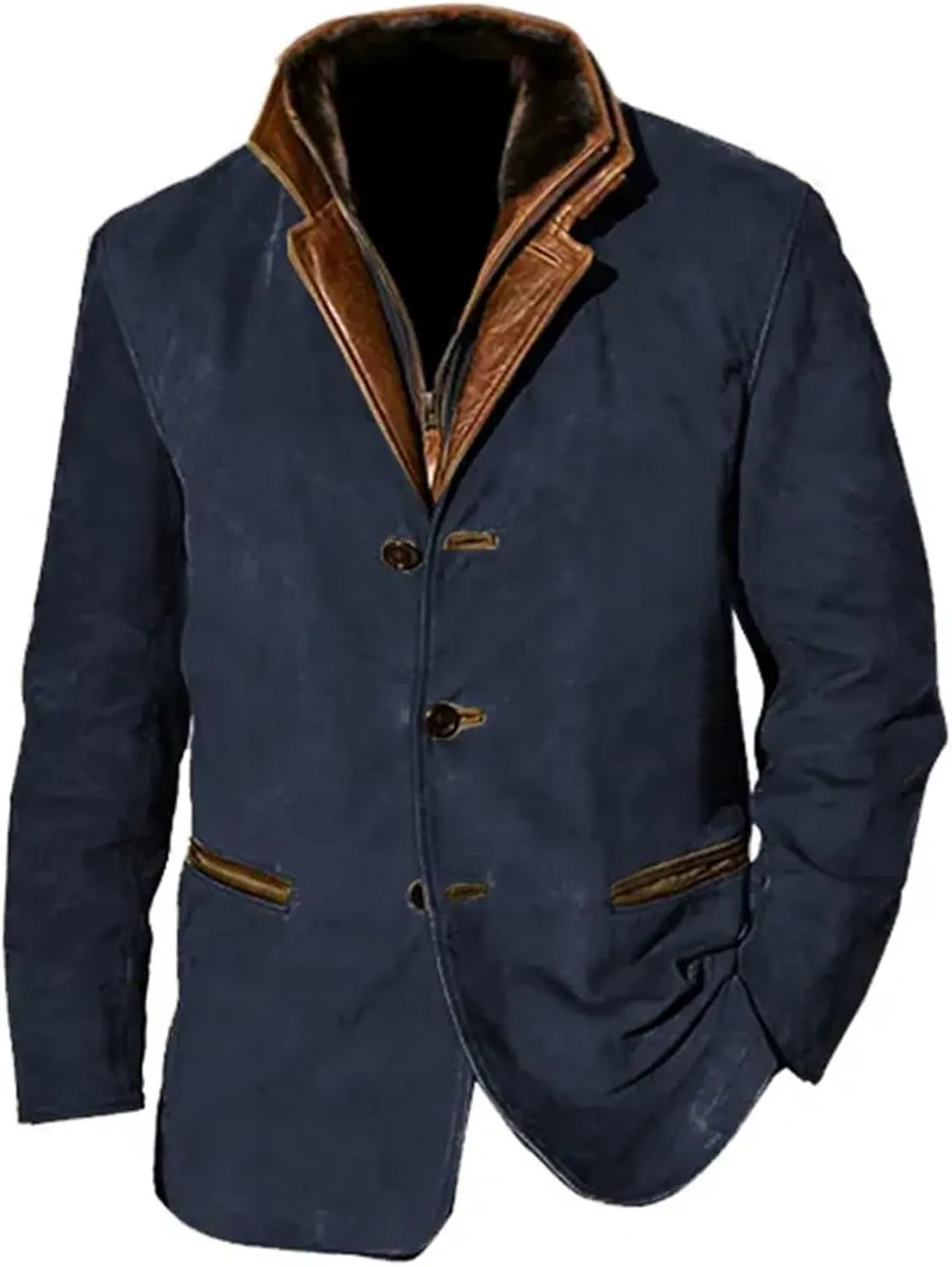 Mens Faux Suede Blazer Leather Suit Jacket Distressed Notch Lapel Buttons Sport Coat Zip Vintage Work Wear with Pockets
