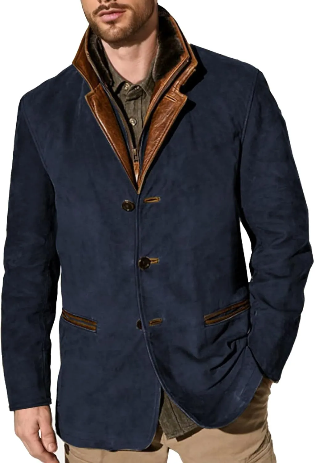 Mens Faux Suede Blazer Leather Suit Jacket Distressed Notch Lapel Buttons Sport Coat Zip Vintage Work Wear with Pockets