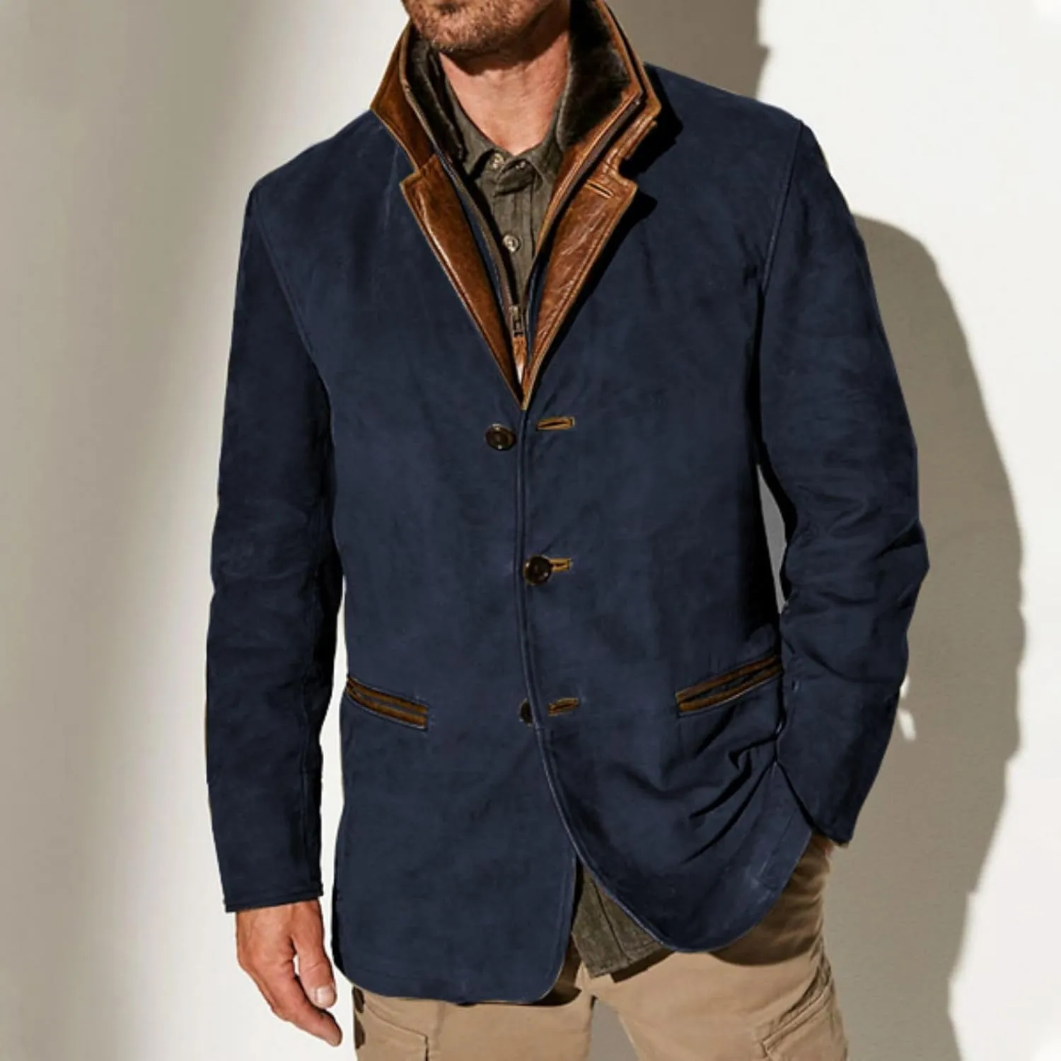 Mens Faux Suede Blazer Leather Suit Jacket Distressed Notch Lapel Buttons Sport Coat Zip Vintage Work Wear with Pockets