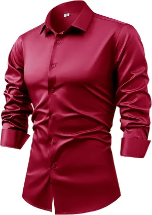 Mens Long Sleeve Luxury Silky Satin Shirts Casual Dress Shirt