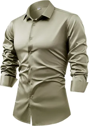 Mens Long Sleeve Luxury Silky Satin Shirts Casual Dress Shirt