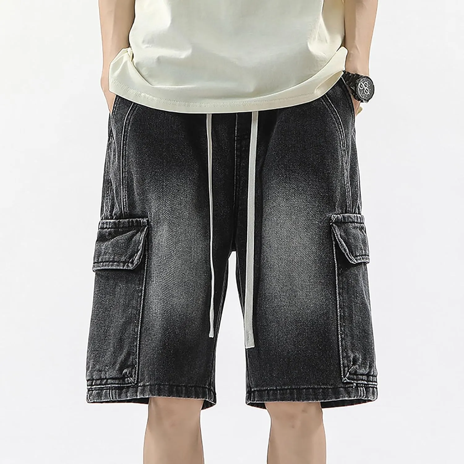 Men's Loose Y2K Hip Hop Mid Jean Shorts Baggy Denim Shorts with Pockets Skateboard Pants Streetwear