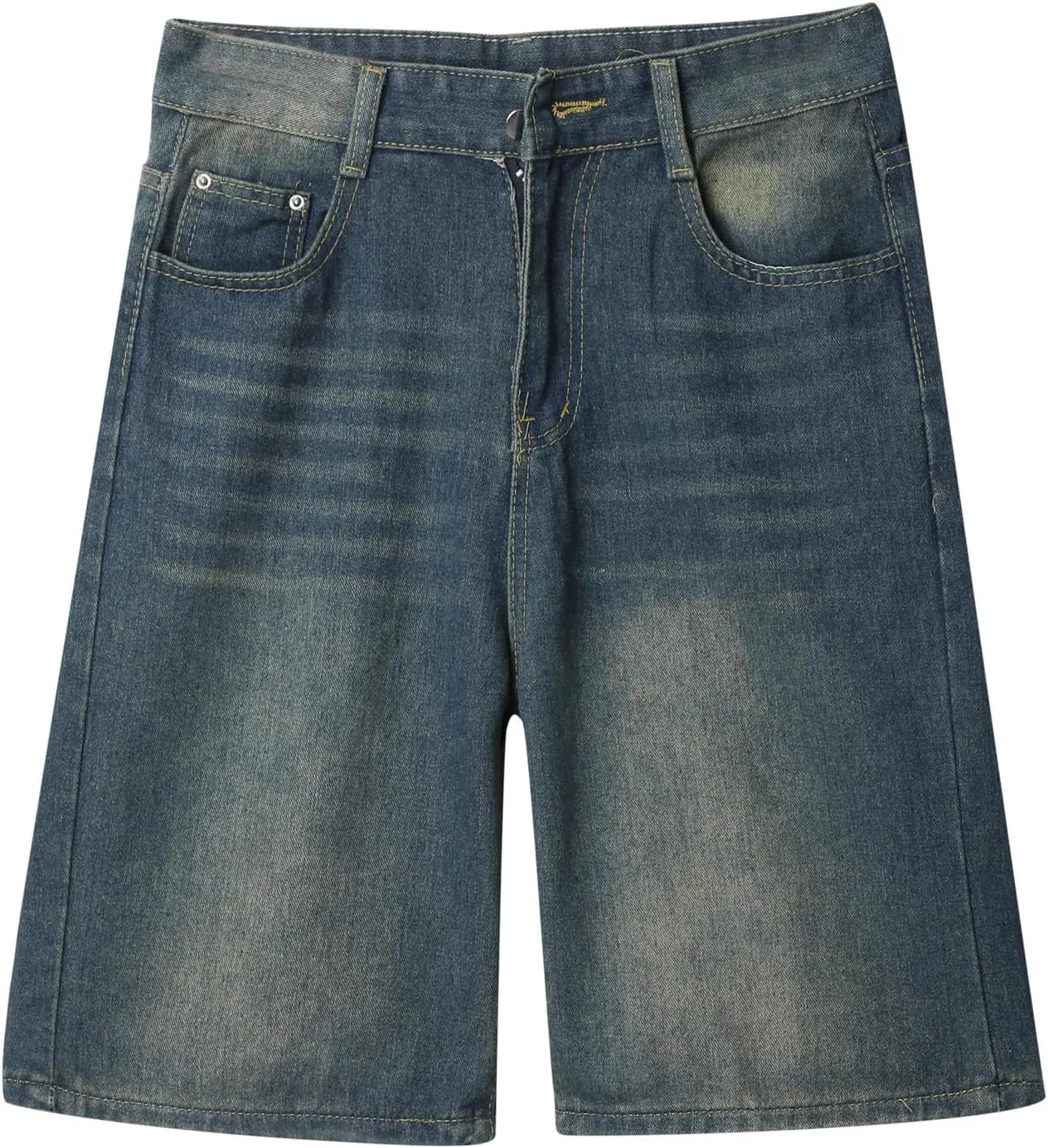 Men's Loose Y2K Hip Hop Mid Jean Shorts Baggy Denim Shorts with Pockets Skateboard Pants Streetwear