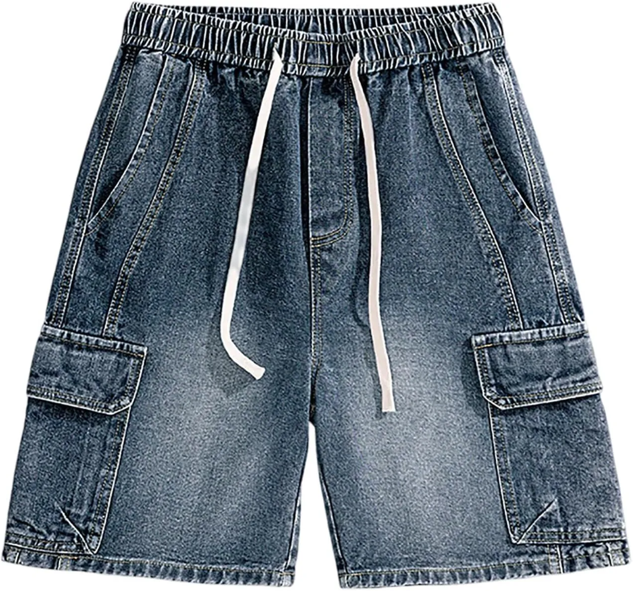 Men's Loose Y2K Hip Hop Mid Jean Shorts Baggy Denim Shorts with Pockets Skateboard Pants Streetwear