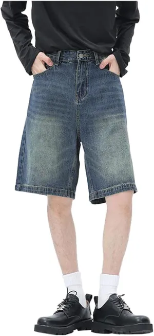 Men's Loose Y2K Hip Hop Mid Jean Shorts Baggy Denim Shorts with Pockets Skateboard Pants Streetwear