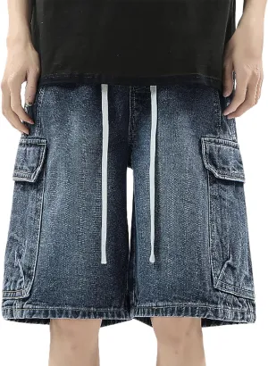 Men's Loose Y2K Hip Hop Mid Jean Shorts Baggy Denim Shorts with Pockets Skateboard Pants Streetwear