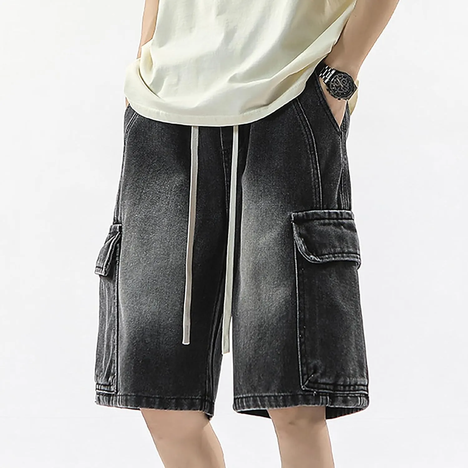 Men's Loose Y2K Hip Hop Mid Jean Shorts Baggy Denim Shorts with Pockets Skateboard Pants Streetwear