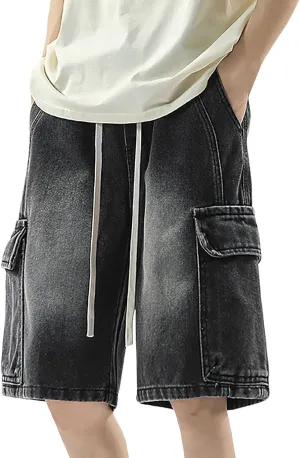 Men's Loose Y2K Hip Hop Mid Jean Shorts Baggy Denim Shorts with Pockets Skateboard Pants Streetwear