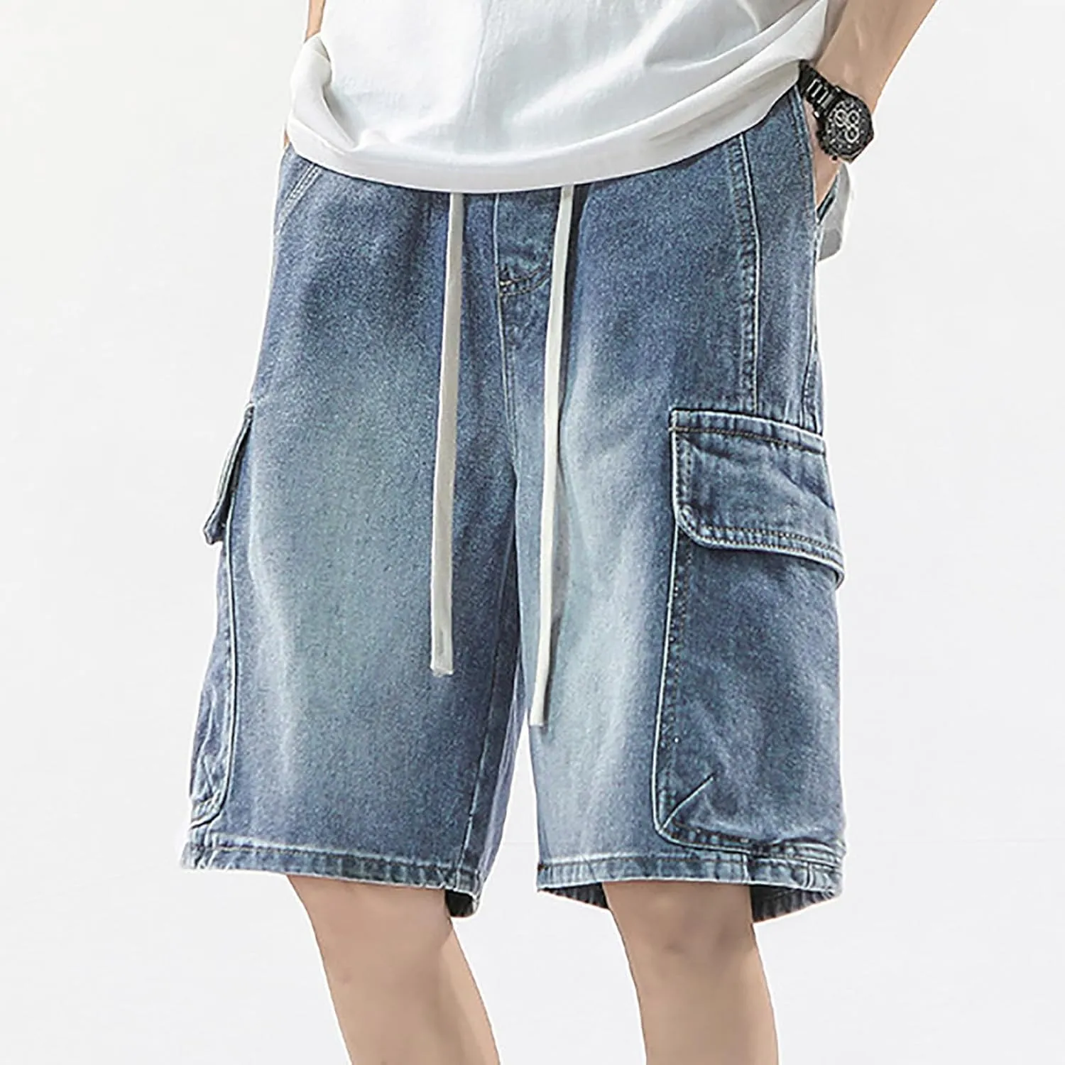 Men's Loose Y2K Hip Hop Mid Jean Shorts Baggy Denim Shorts with Pockets Skateboard Pants Streetwear