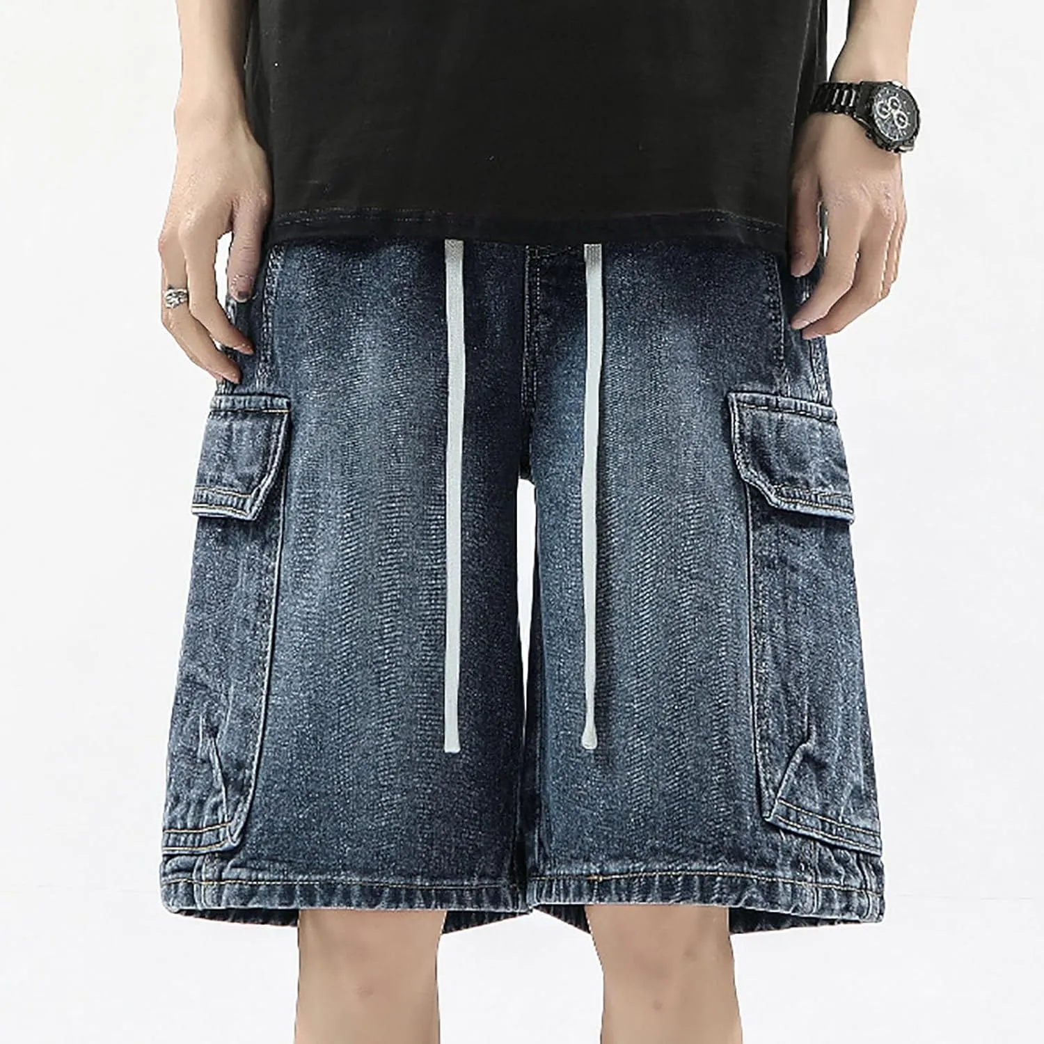 Men's Loose Y2K Hip Hop Mid Jean Shorts Baggy Denim Shorts with Pockets Skateboard Pants Streetwear