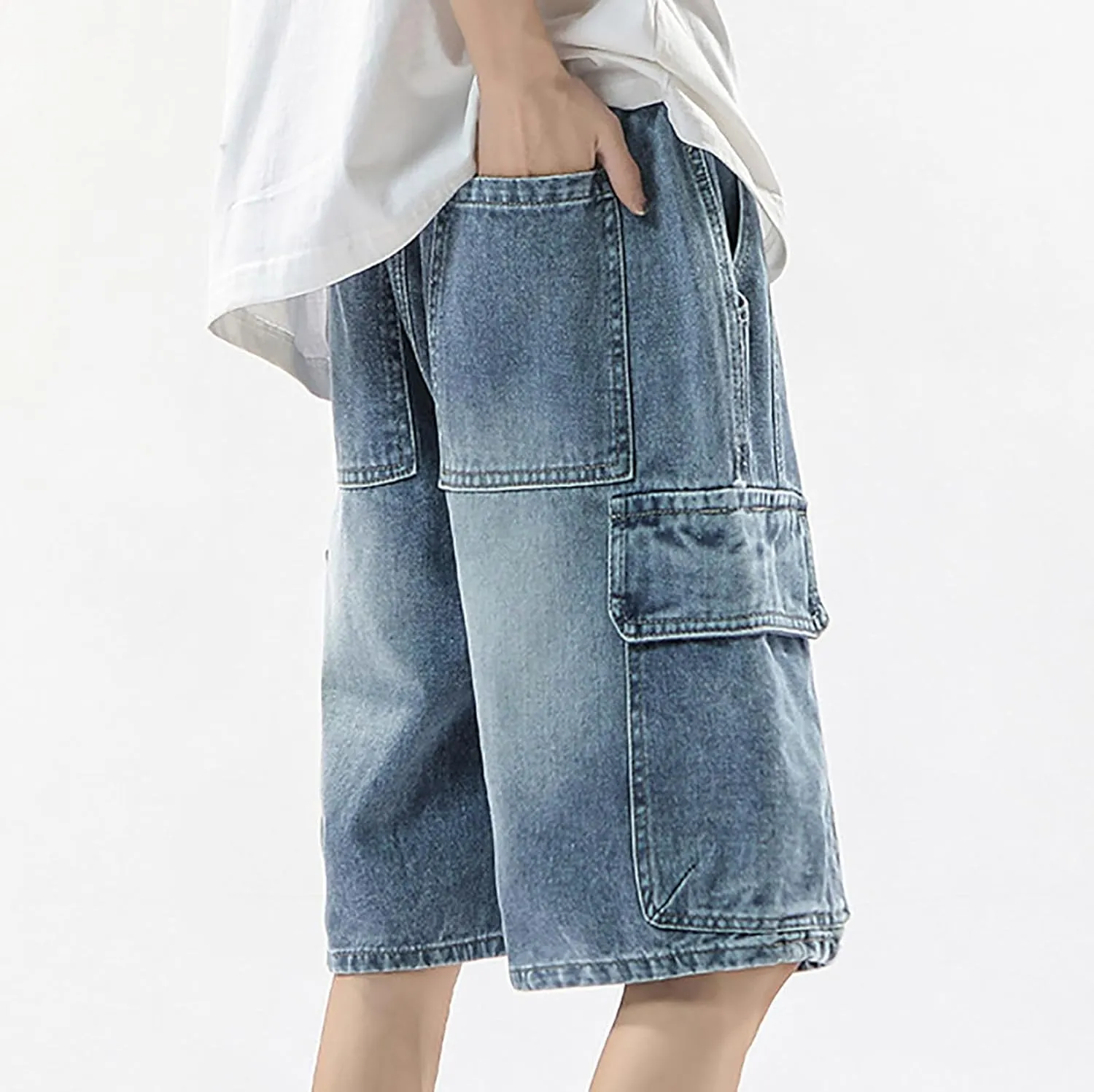Men's Loose Y2K Hip Hop Mid Jean Shorts Baggy Denim Shorts with Pockets Skateboard Pants Streetwear