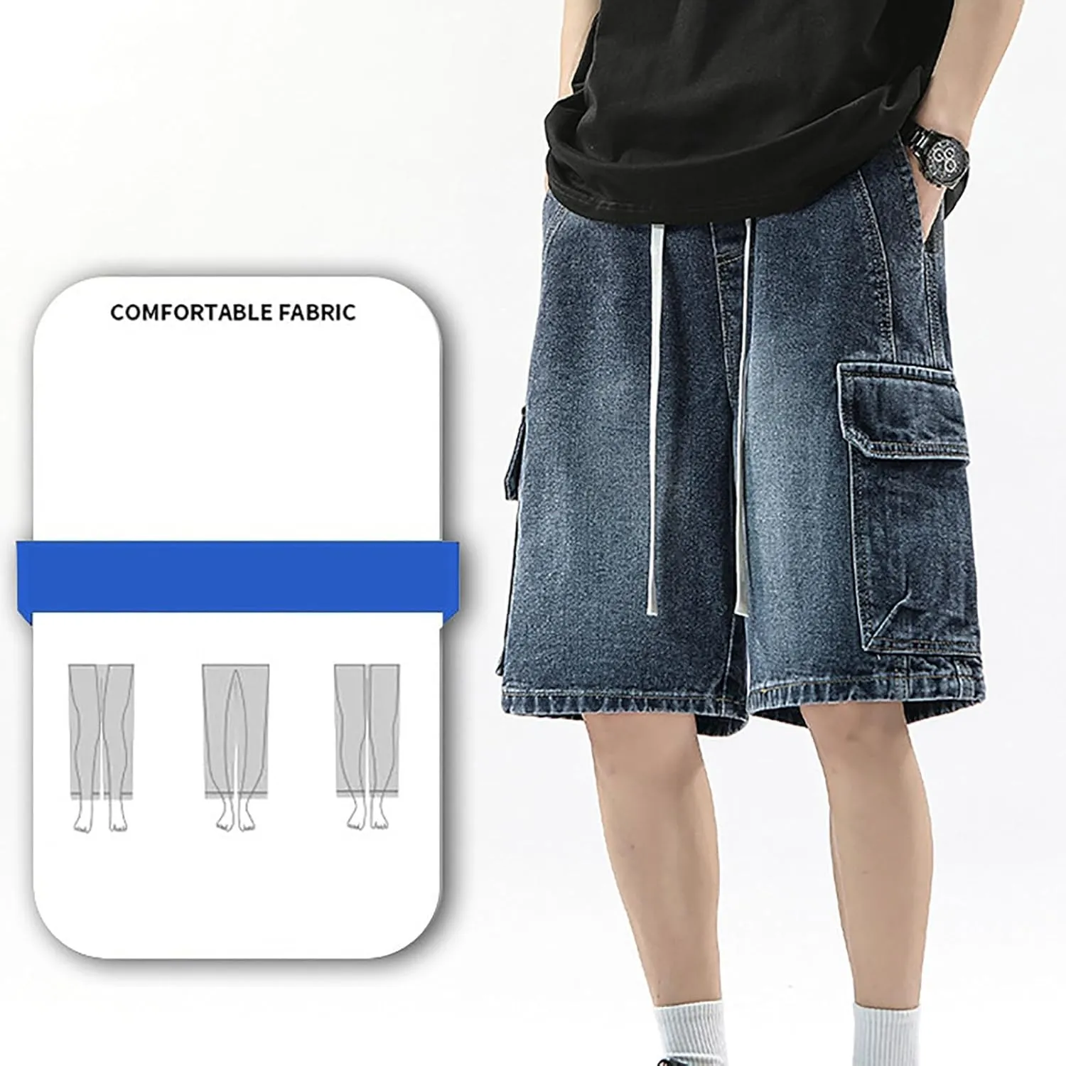 Men's Loose Y2K Hip Hop Mid Jean Shorts Baggy Denim Shorts with Pockets Skateboard Pants Streetwear