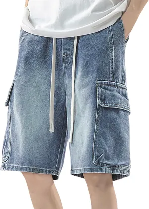 Men's Loose Y2K Hip Hop Mid Jean Shorts Baggy Denim Shorts with Pockets Skateboard Pants Streetwear