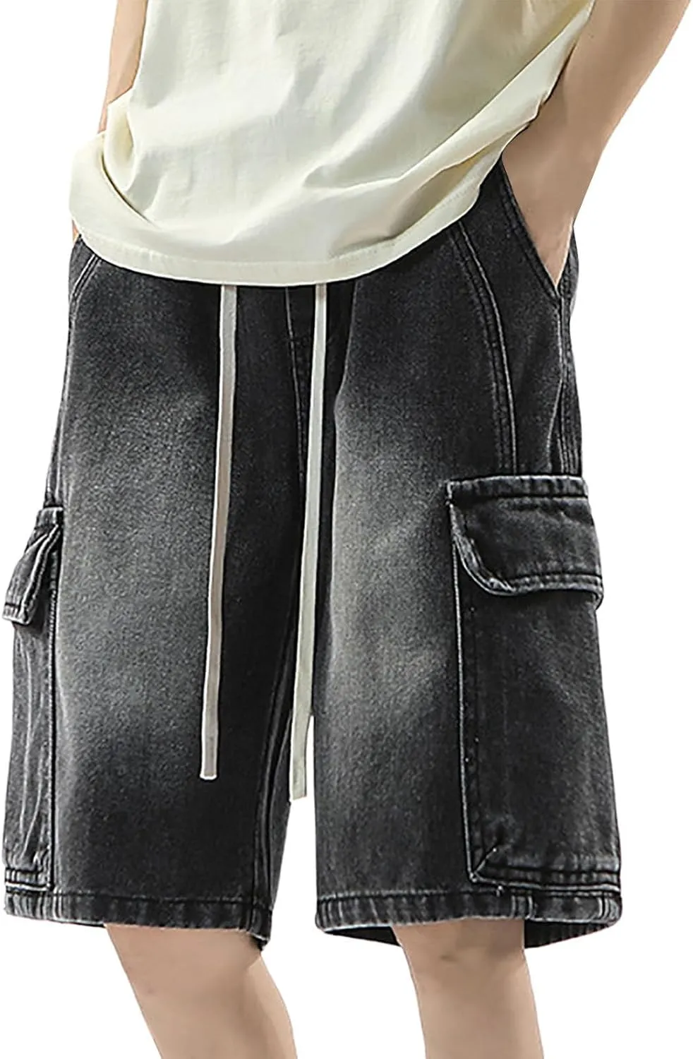 Men's Loose Y2K Hip Hop Mid Jean Shorts Baggy Denim Shorts with Pockets Skateboard Pants Streetwear