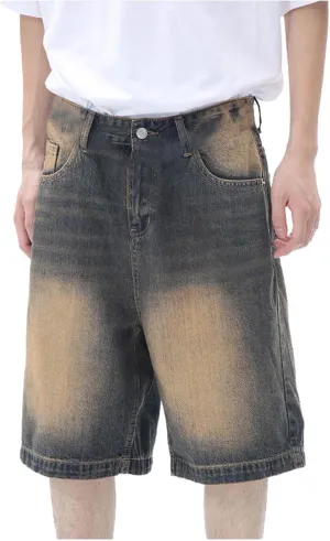 Men's Loose Y2K Hip Hop Mid Jean Shorts Baggy Denim Shorts with Pockets Skateboard Pants Streetwear