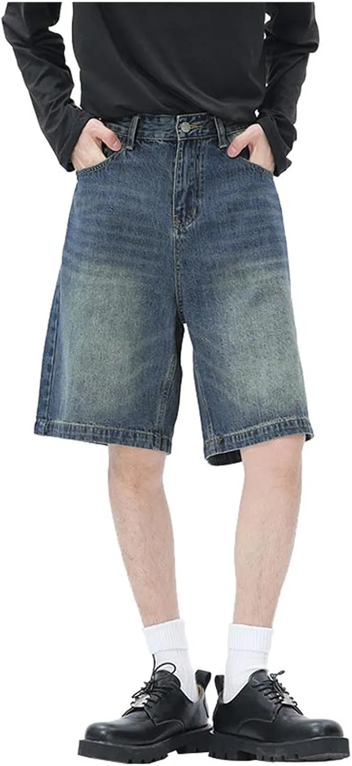 Men's Loose Y2K Hip Hop Mid Jean Shorts Baggy Denim Shorts with Pockets Skateboard Pants Streetwear