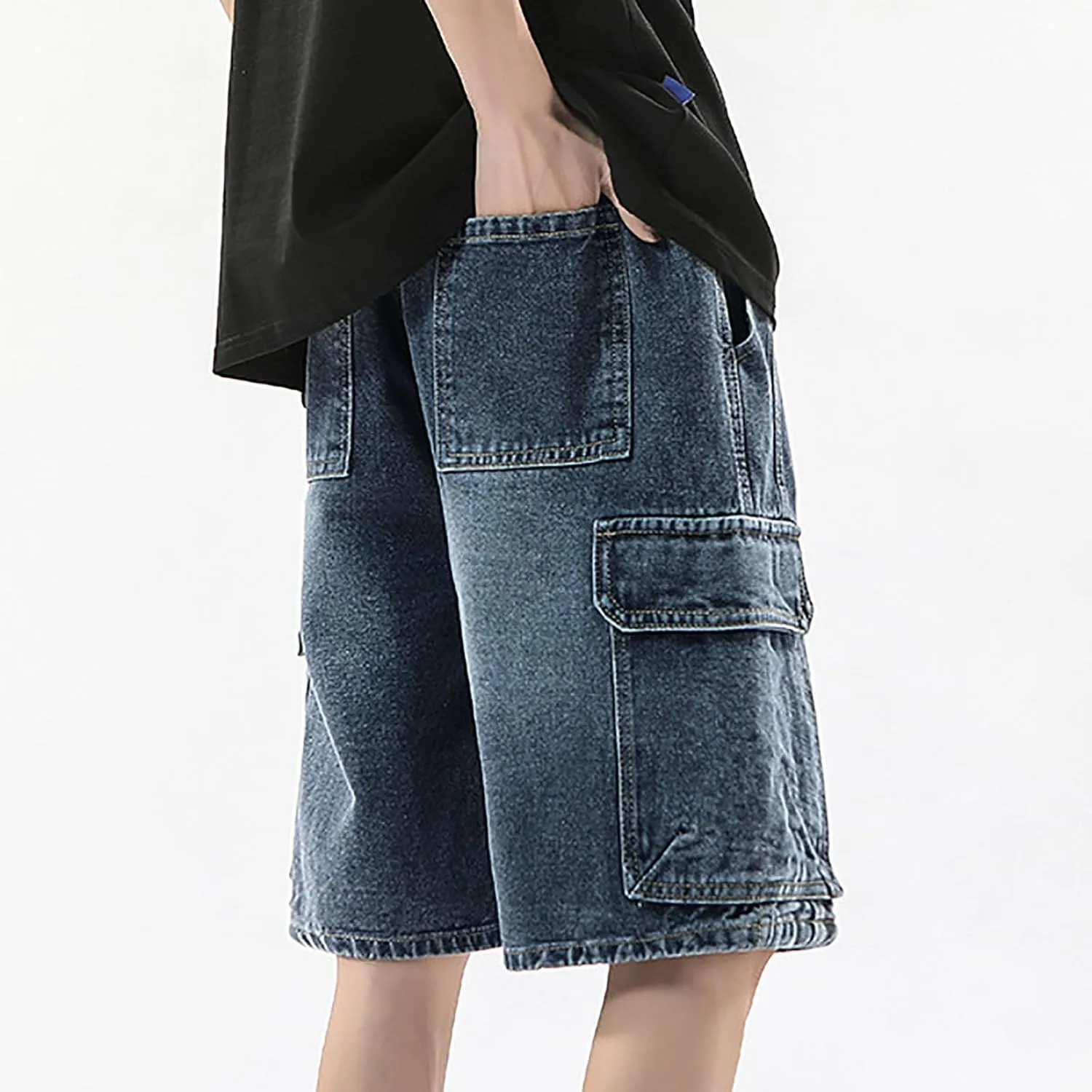 Men's Loose Y2K Hip Hop Mid Jean Shorts Baggy Denim Shorts with Pockets Skateboard Pants Streetwear